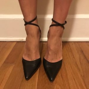 Manolo Blahnik Black Nylon Ankle Tie Point Heels
